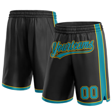 Custom Black Teal-Yellow Authentic Basketball Shorts