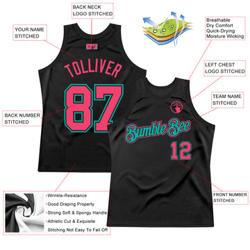 Custom Black Neon Pink-Aqua Authentic Throwback Basketball Jersey