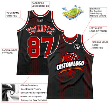Custom Black Red Pinstripe White Authentic Throwback Basketball Jersey