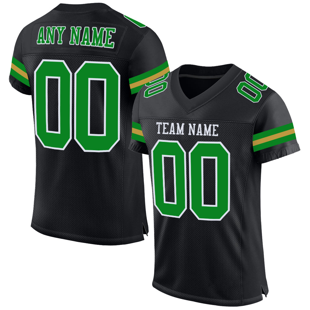 Custom Black Grass Green-Old Gold Mesh Authentic Football Jersey