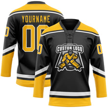 Load image into Gallery viewer, Custom Black Gold-White Hockey Lace Neck Jersey
