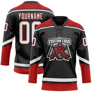 Custom Black White-Red Hockey Lace Neck Jersey