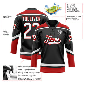 Custom Black White-Red Hockey Lace Neck Jersey