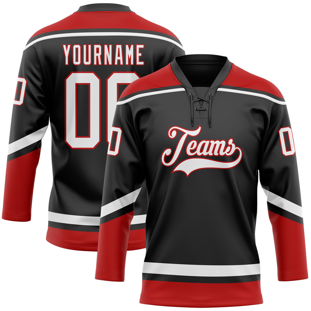 Custom Black White-Red Hockey Lace Neck Jersey