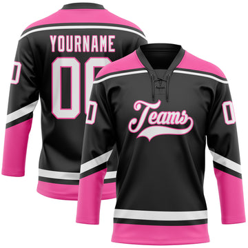 Custom Black White-Pink Hockey Lace Neck Jersey