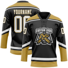 Load image into Gallery viewer, Custom Black White-Old Gold Hockey Lace Neck Jersey
