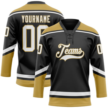 Custom Black White-Old Gold Hockey Lace Neck Jersey