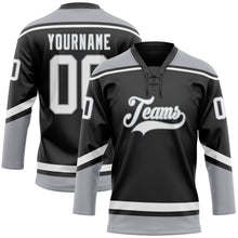 Load image into Gallery viewer, Custom Black White-Gray Hockey Lace Neck Jersey
