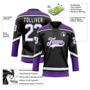 Custom Black White-Purple Hockey Lace Neck Jersey