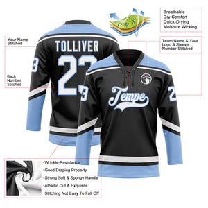 Custom Black White-Light Blue Hockey Lace Neck Jersey