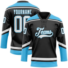 Load image into Gallery viewer, Custom Black White-Sky Blue Hockey Lace Neck Jersey
