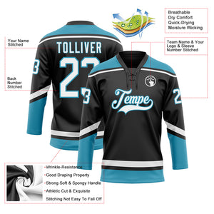 Custom Black White-Panther Blue Hockey Lace Neck Jersey