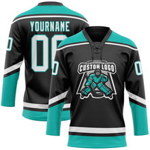 Load image into Gallery viewer, Custom Black White-Aqua Hockey Lace Neck Jersey
