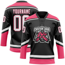 Load image into Gallery viewer, Custom Black White-Neon Pink Hockey Lace Neck Jersey
