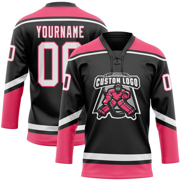 Custom Black White-Neon Pink Hockey Lace Neck Jersey