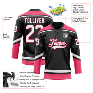 Custom Black White-Neon Pink Hockey Lace Neck Jersey