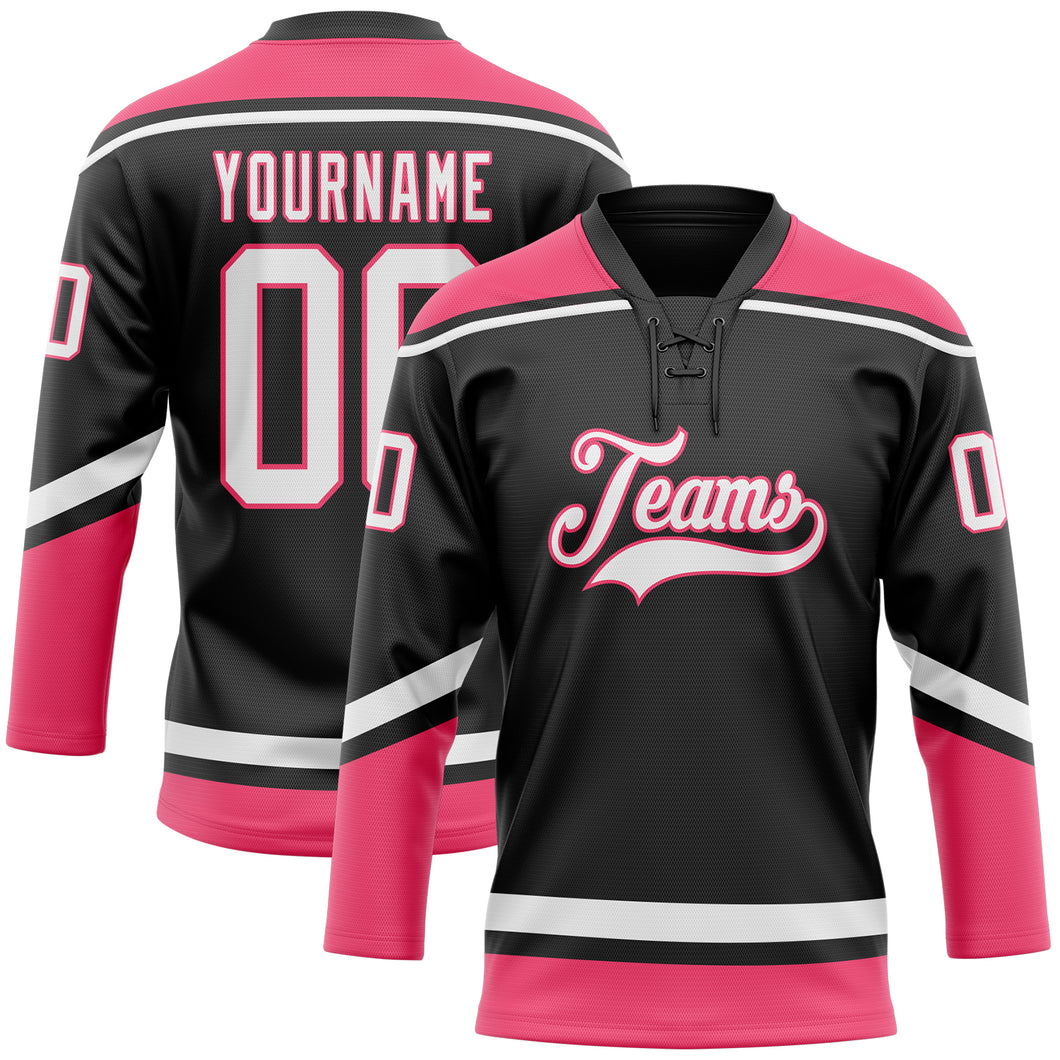 Custom Black White-Neon Pink Hockey Lace Neck Jersey