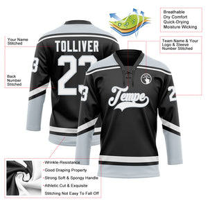 Custom Black White-Silver Hockey Lace Neck Jersey