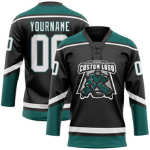 Laden Sie das Bild in den Galerie-Viewer, Custom Black White Gray-Midnight Green Hockey Lace Neck Jersey
