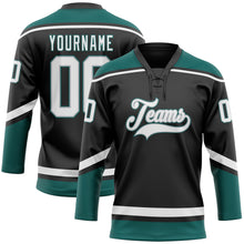 Laden Sie das Bild in den Galerie-Viewer, Custom Black White Gray-Midnight Green Hockey Lace Neck Jersey
