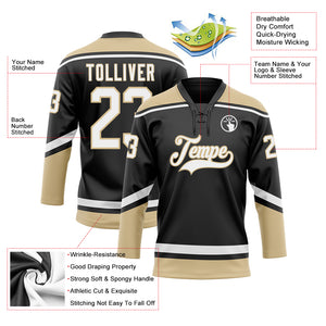 Custom Black White-Old Gold Hockey Lace Neck Jersey