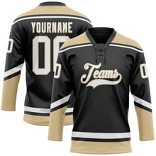 Laden Sie das Bild in den Galerie-Viewer, Custom Black White-Old Gold Hockey Lace Neck Jersey
