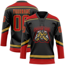 Laden Sie das Bild in den Galerie-Viewer, Custom Black Red-Old Gold Hockey Lace Neck Jersey
