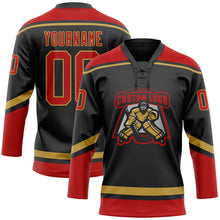 Load image into Gallery viewer, Custom Black Red-Old Gold Hockey Lace Neck Jersey
