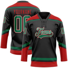 Laden Sie das Bild in den Galerie-Viewer, Custom Black Kelly Green-Red Hockey Lace Neck Jersey
