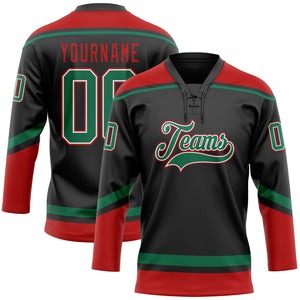 Custom Black Kelly Green-Red Hockey Lace Neck Jersey