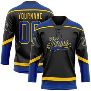 Custom Black Royal-Yellow Hockey Lace Neck Jersey