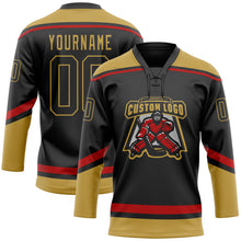 Laden Sie das Bild in den Galerie-Viewer, Custom Black Old Gold-Red Hockey Lace Neck Jersey
