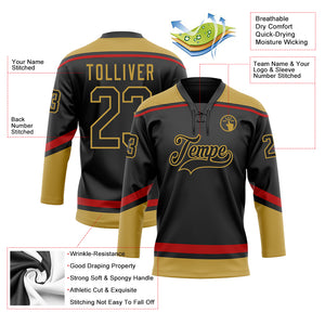 Custom Black Old Gold-Red Hockey Lace Neck Jersey