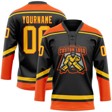 Laden Sie das Bild in den Galerie-Viewer, Custom Black Yellow-Orange Hockey Lace Neck Jersey
