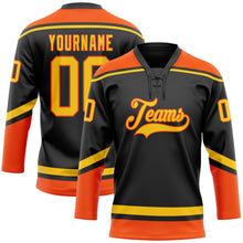 Laden Sie das Bild in den Galerie-Viewer, Custom Black Yellow-Orange Hockey Lace Neck Jersey

