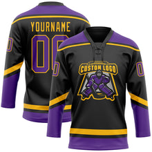 Laden Sie das Bild in den Galerie-Viewer, Custom Black Purple-Gold Hockey Lace Neck Jersey
