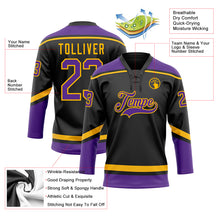 Laden Sie das Bild in den Galerie-Viewer, Custom Black Purple-Gold Hockey Lace Neck Jersey
