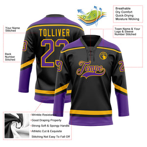Custom Black Purple-Gold Hockey Lace Neck Jersey