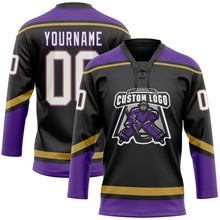 Laden Sie das Bild in den Galerie-Viewer, Custom Black White Old Gold-Purple Hockey Lace Neck Jersey
