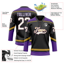 Laden Sie das Bild in den Galerie-Viewer, Custom Black White Old Gold-Purple Hockey Lace Neck Jersey
