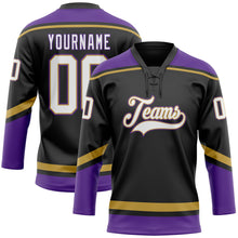 Laden Sie das Bild in den Galerie-Viewer, Custom Black White Old Gold-Purple Hockey Lace Neck Jersey
