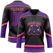 Laden Sie das Bild in den Galerie-Viewer, Custom Black Purple-Pink Hockey Lace Neck Jersey
