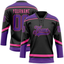 Laden Sie das Bild in den Galerie-Viewer, Custom Black Purple-Pink Hockey Lace Neck Jersey
