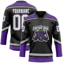 Load image into Gallery viewer, Custom Black White Purple-Gray Hockey Lace Neck Jersey
