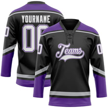 Load image into Gallery viewer, Custom Black White Purple-Gray Hockey Lace Neck Jersey
