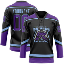 Laden Sie das Bild in den Galerie-Viewer, Custom Black Purple-Light Blue Hockey Lace Neck Jersey
