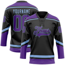 Laden Sie das Bild in den Galerie-Viewer, Custom Black Purple-Light Blue Hockey Lace Neck Jersey
