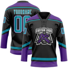 Laden Sie das Bild in den Galerie-Viewer, Custom Black Teal-White Hockey Lace Neck Jersey
