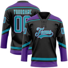 Laden Sie das Bild in den Galerie-Viewer, Custom Black Teal-White Hockey Lace Neck Jersey
