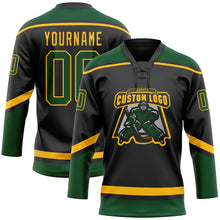 Laden Sie das Bild in den Galerie-Viewer, Custom Black Green-Gold Hockey Lace Neck Jersey
